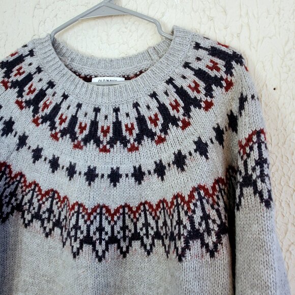 Cozy Fair Isle Blouson-Sleeve Sweater, Old Navy, Women's M, Gray - Picture 3 of 9
